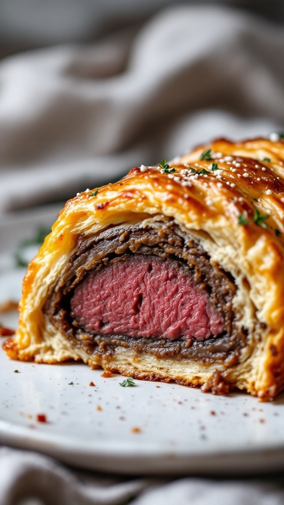 A beautifully prepared Beef Wellington dish, showcasing the golden pastry and juicy beef inside.