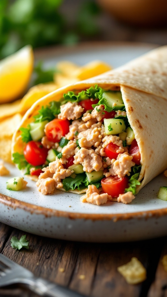 A close-up of a tuna salad wrap with fresh vegetables.