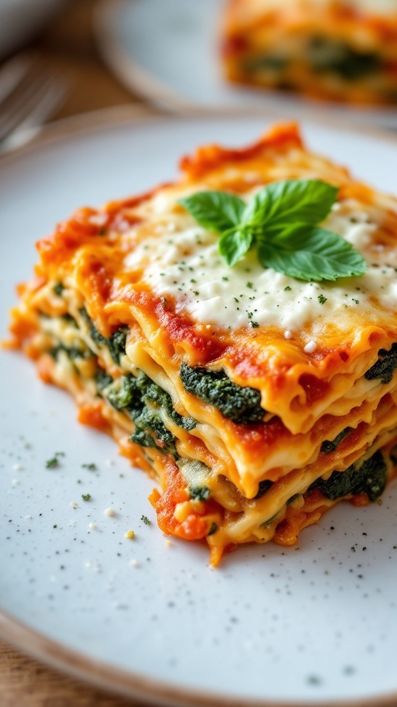 A plate of vegetable lasagna with layers of ricotta and spinach, garnished with basil