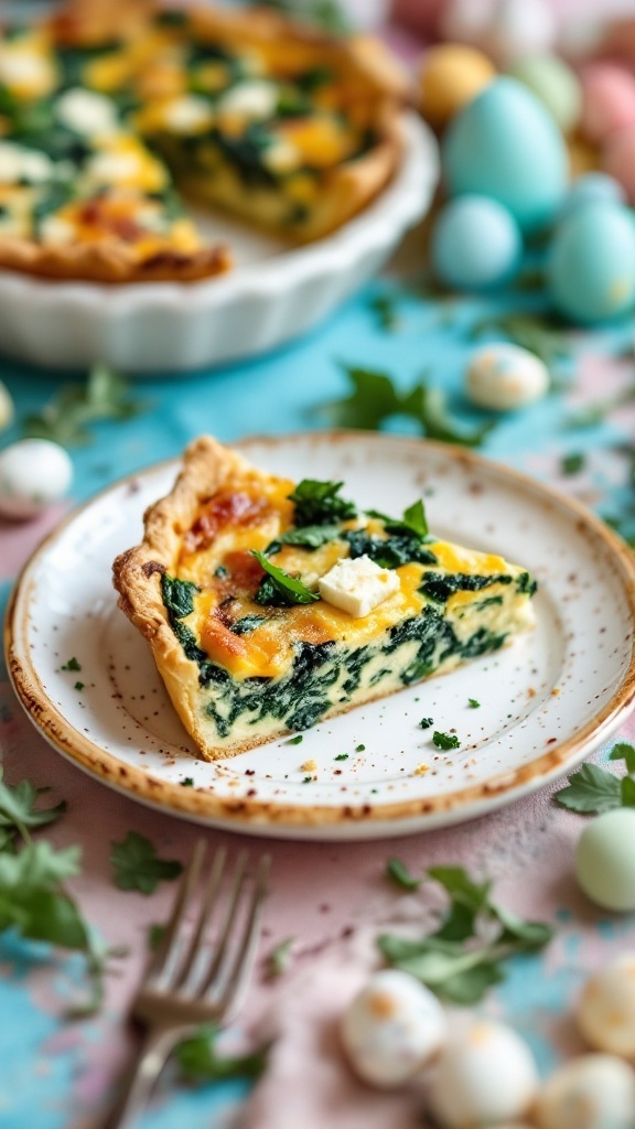 A slice of vegetarian quiche with spinach and feta on a plate, garnished with herbs.