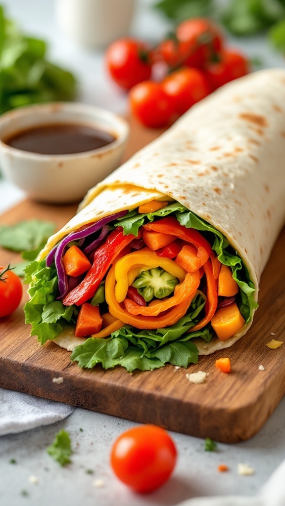 A colorful veggie rainbow wrap with fresh vegetables