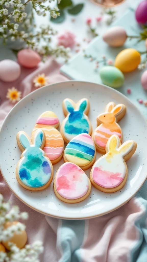 Colorful decorated sugar cookies in the shape of bunnies and eggs, showcasing a watercolor effect.