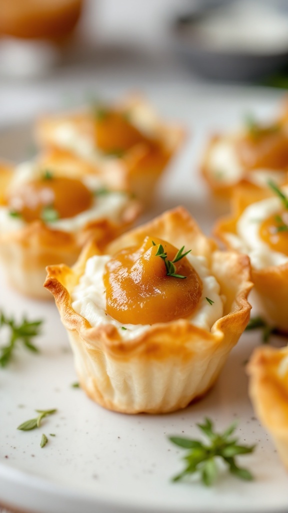 Delicious phyllo cups filled with brie and apple butter, garnished with herbs