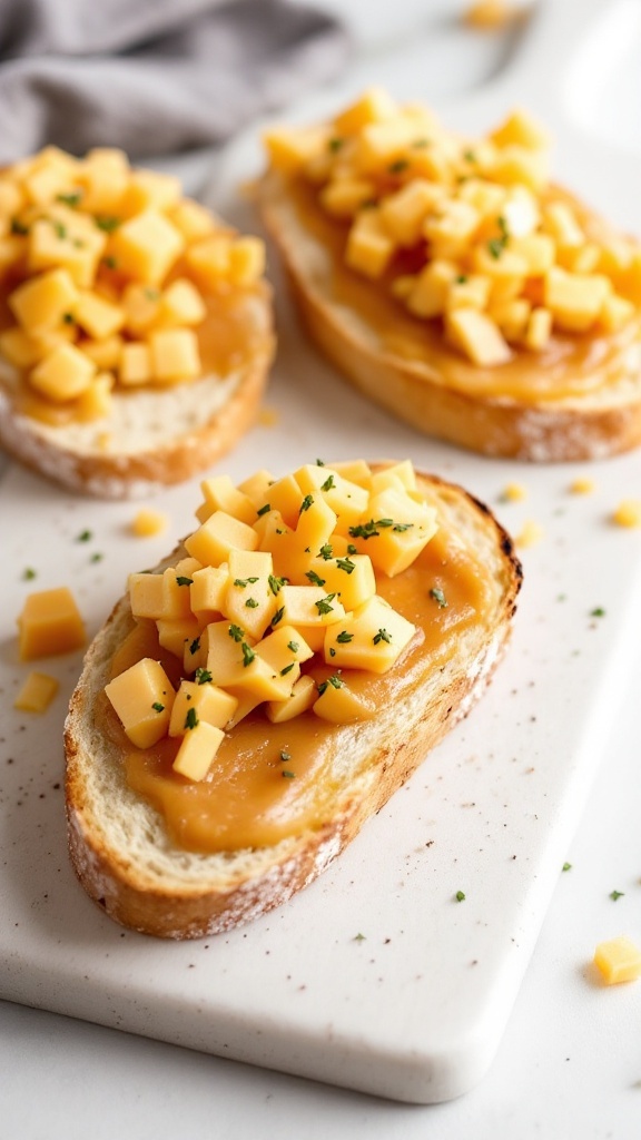 Grilled bread topped with apple butter and diced cheddar cheese