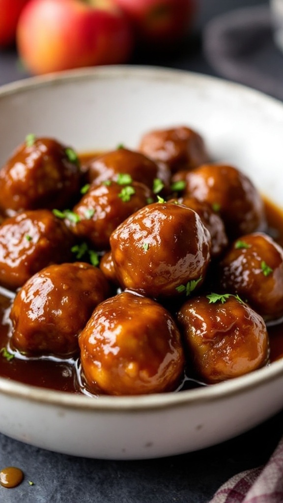Delicious apple cider bourbon meatballs in a white bowl
