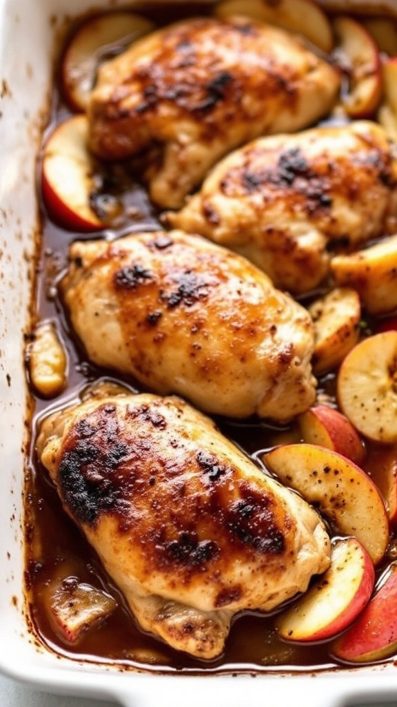 Delicious apple cider braised chicken thighs with sliced apples and thyme.