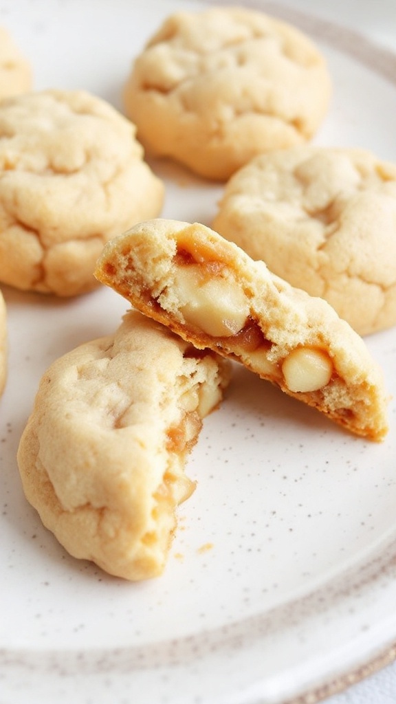 Two soft cookies drizzled with caramel sauce on a plate.