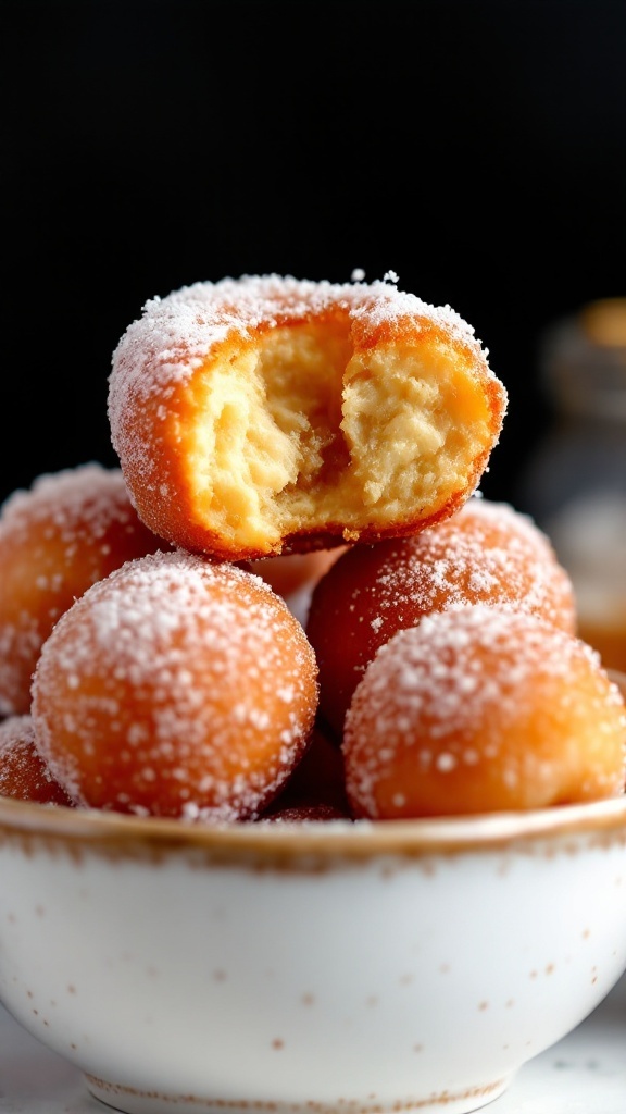 Delicious apple cider donut holes coated in sugar.