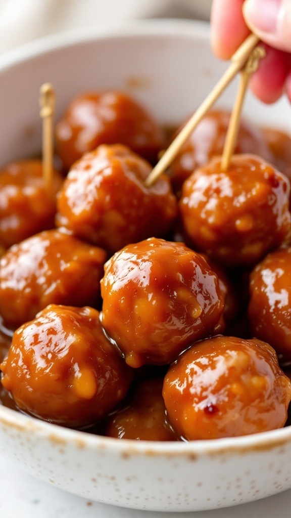 A bowl of glazed meatballs with toothpicks for serving.