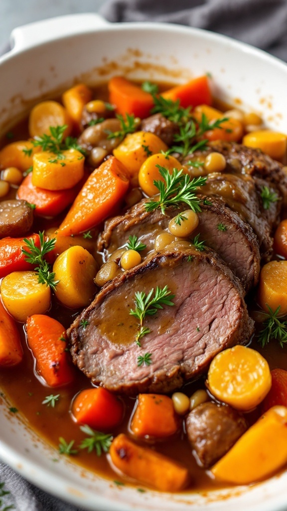 A cozy dish of apple cider pot roast with root vegetables, served in a bowl.