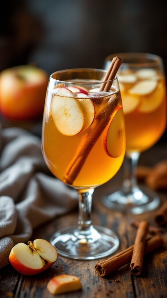 Glasses of apple cider sangria with apple slices and cinnamon sticks