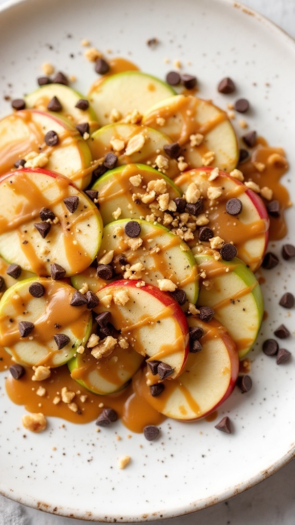 Delicious apple nachos topped with caramel and peanut butter drizzle.
