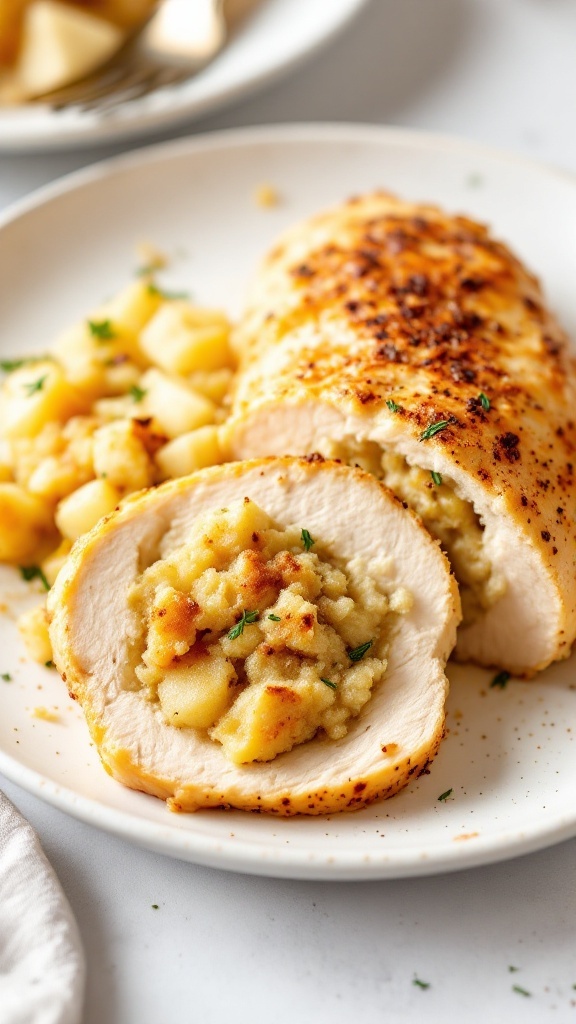 Apple stuffed chicken breast served with diced apples and herbs