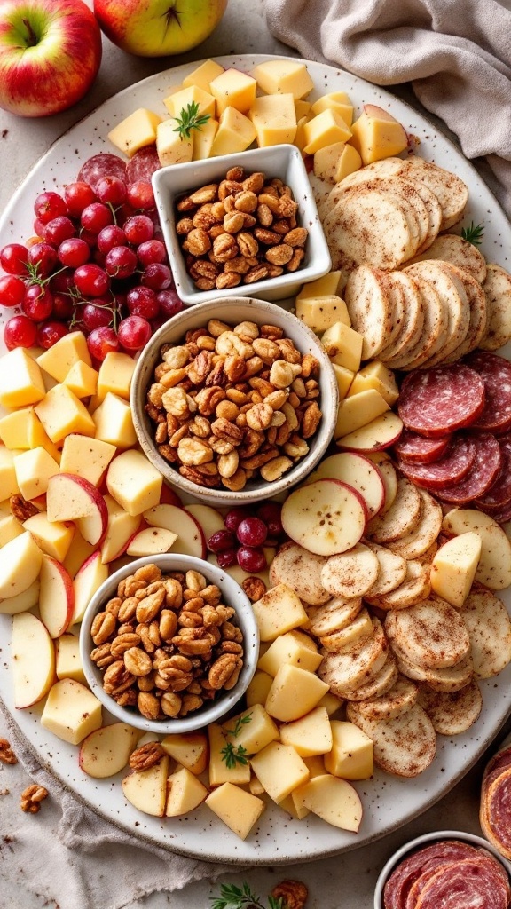 A charcuterie board featuring Honeycrisp apples, maple cheddar, spiced nuts, and cinnamon-dusted salami.