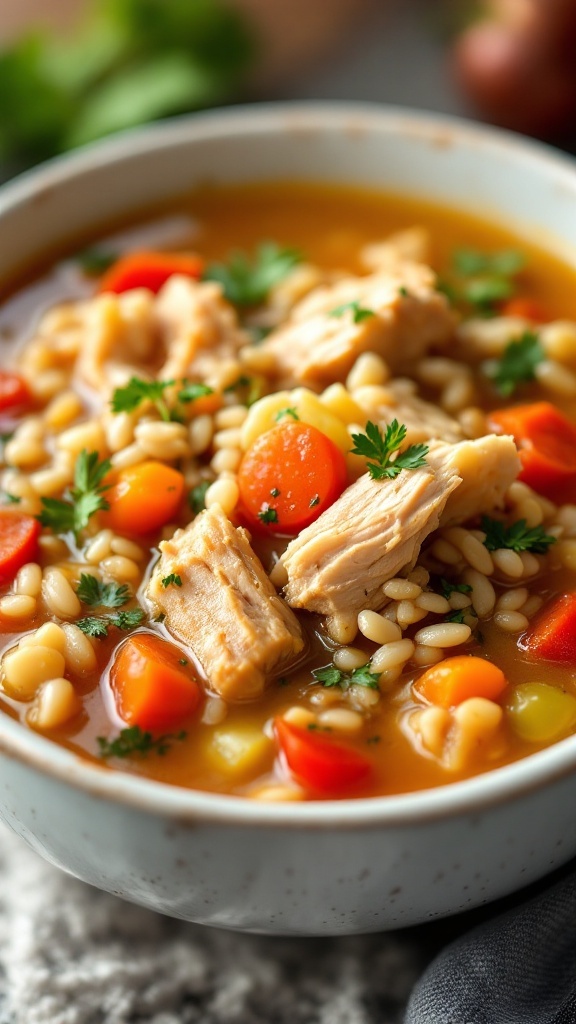 A bowl of Autumn Harvest Chicken and Wild Rice Soup filled with chicken, vegetables, and rice.