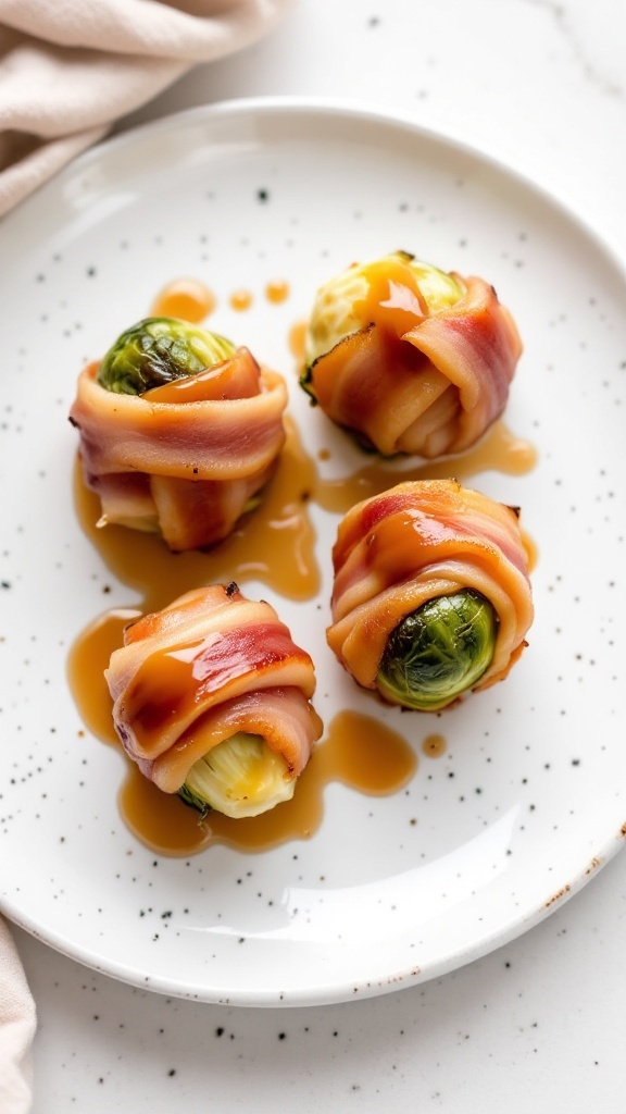 Bacon-wrapped maple glazed Brussels sprouts on a plate