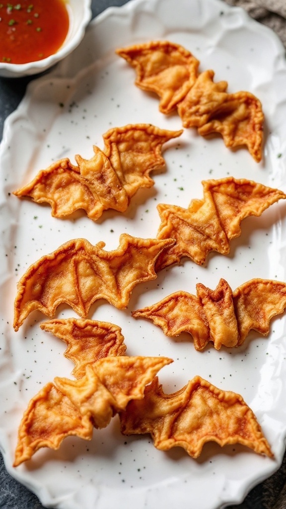A plate of bat-wing wontons, a fun Halloween finger food