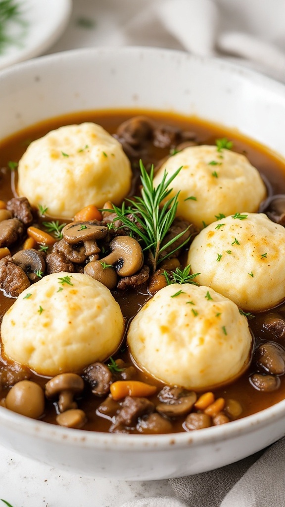 A bowl of beef and mushroom stew with rosemary dumplings