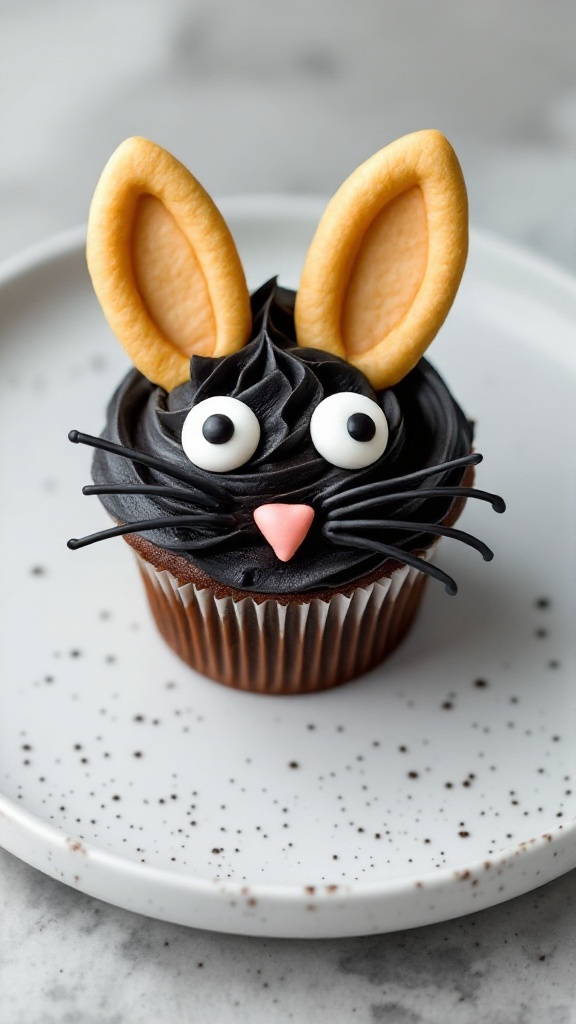 Delicious and playful black cat cupcakes decorated with candy eyes and wafer cookies.
