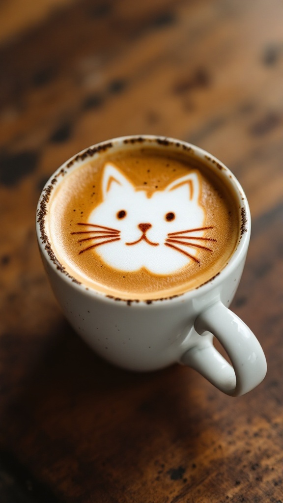 A cup of coffee with a cute cat design in the foam.