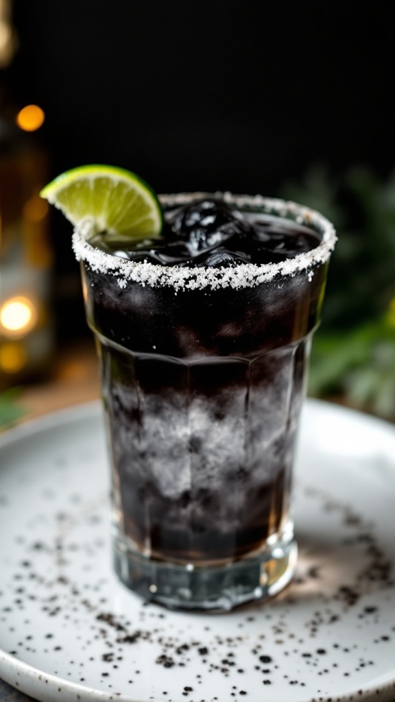 A Black Magic Margarita in a glass with a salted rim and a lime wedge