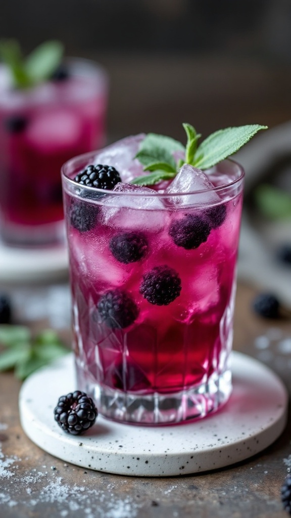 A refreshing Blackberry Sage Bourbon Smash cocktail served in a glass with ice and garnished with sage and blackberries.