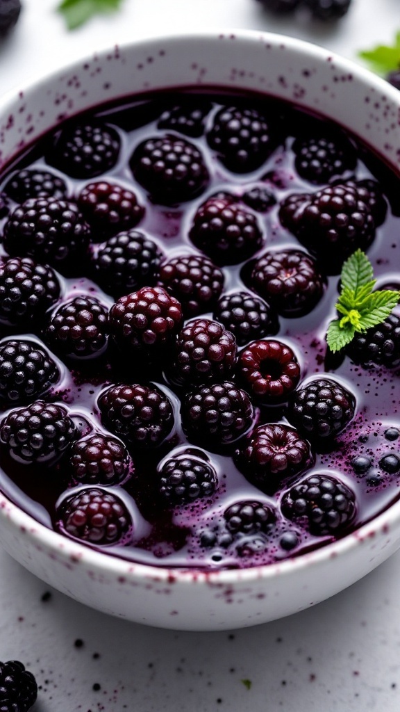 A bowl filled with fresh blackberries floating in a dark liquid, resembling a witch's potion.