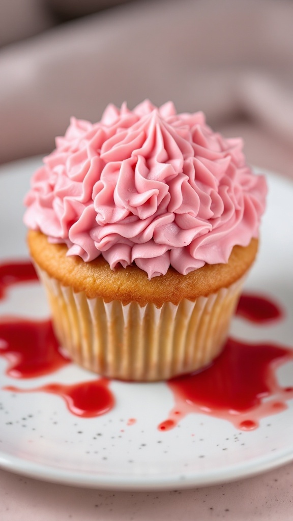 A delicious cupcake topped with pink buttercream frosting and a drizzle of raspberry sauce.
