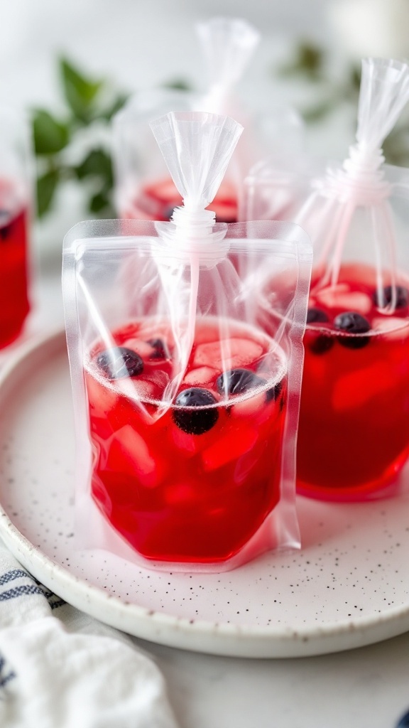 A vibrant red drink served in clear pouches, reminiscent of blood bags, garnished with blueberries.