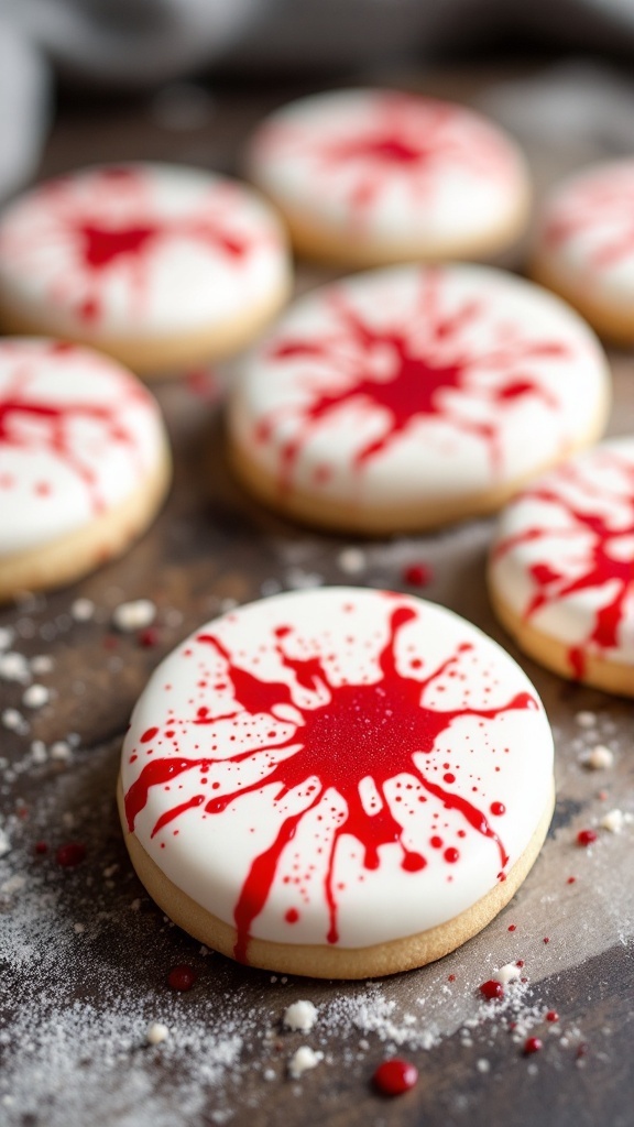 Decorative cookies with a blood splatter design for Halloween.