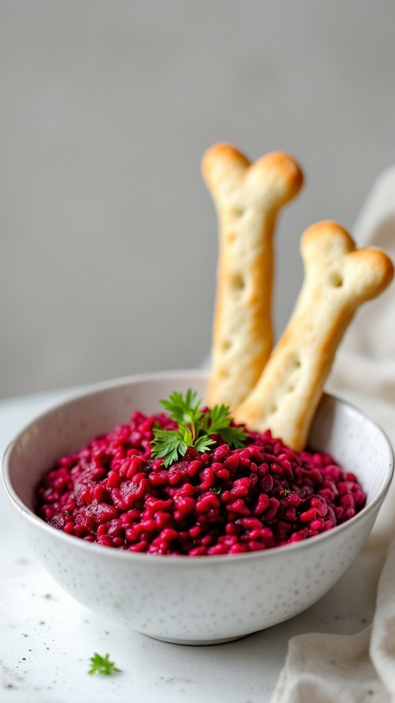 A bowl of vibrant beet risotto topped with parsley.