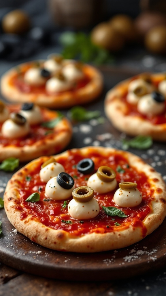 A spooky Bloody Eyeball Pizza featuring mini mozzarella balls with olive pupils placed on a rich red sauce.