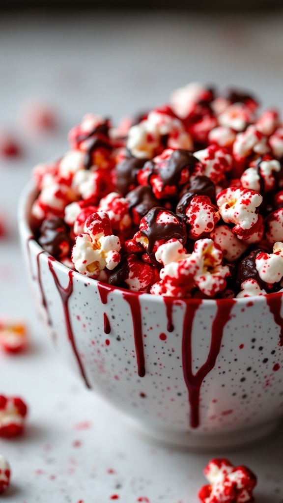 Bloody popcorn scattered with red powder.