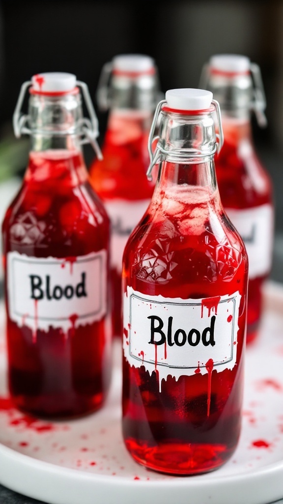 A row of glass bottles filled with a red fruity drink and mixed berries