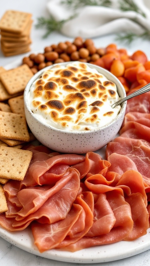 Bonfire Night board featuring s'mores dip, cinnamon graham crackers, and smoked meats.