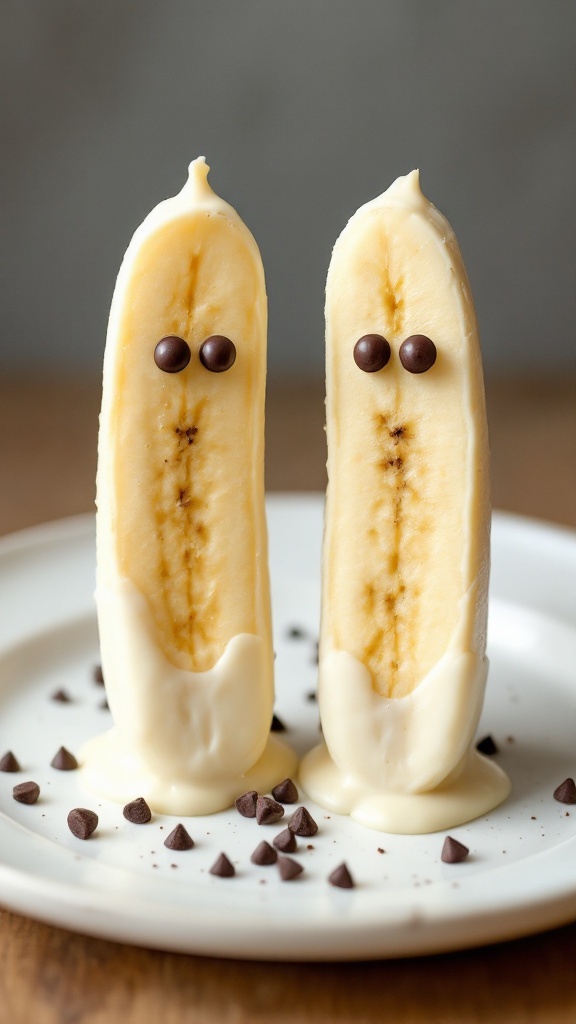 Boo-Nana Ghosts - Bananas dipped in white chocolate decorated with chocolate chip eyes.