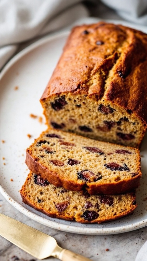 Bourbon Maple Fig Loaf with slices on a plate