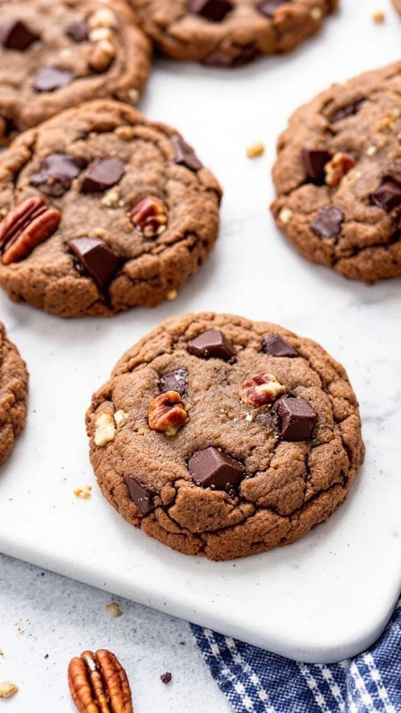 Bourbon pecan chocolate chunk cookies arranged on a plate