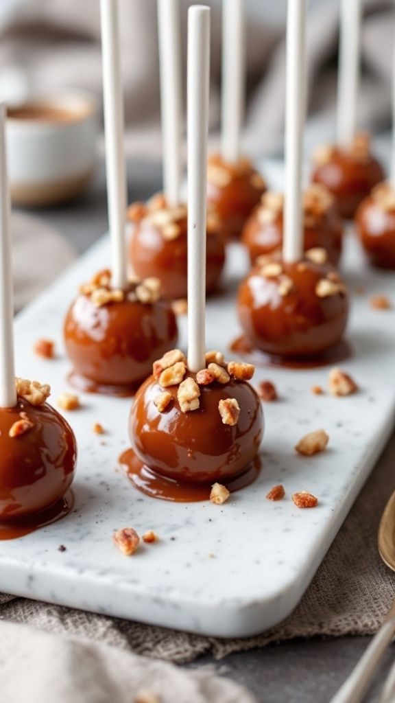 Bourbon Pecan Pie Cake Pops topped with chopped pecans.