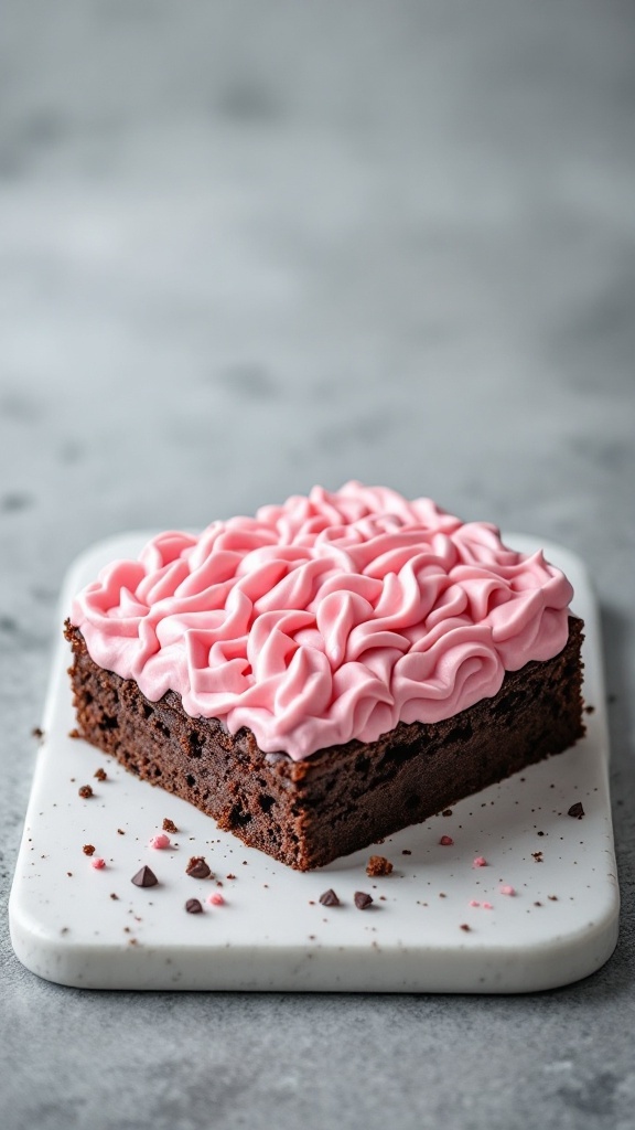 Brownies decorated with pink frosting resembling a brain.