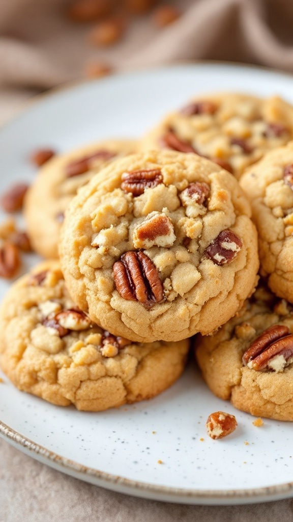 Delicious brown butter pecan sandies cookies stacked on a plate
