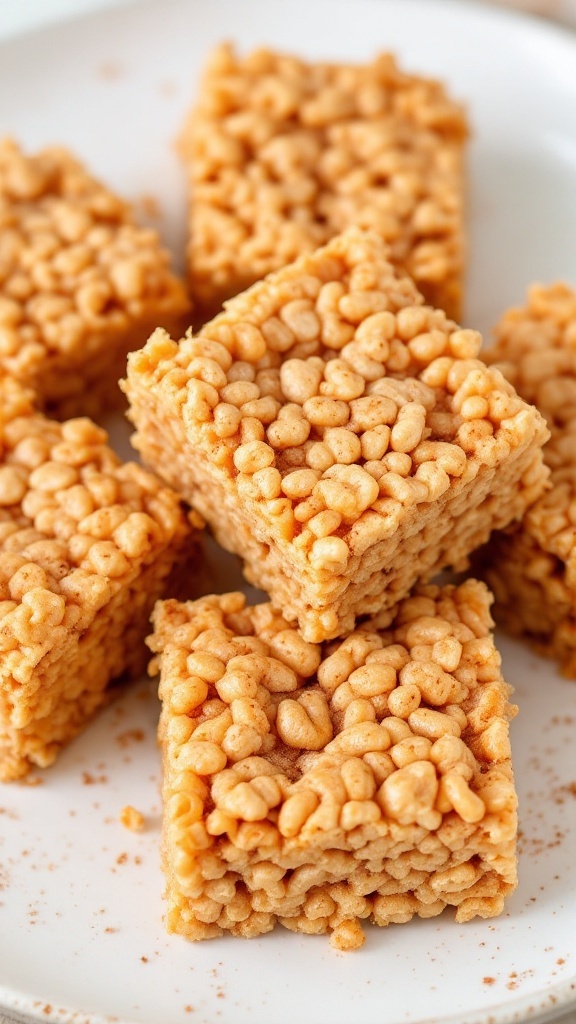 Delicious brown butter rice krispie treats with a hint of cinnamon on a plate.