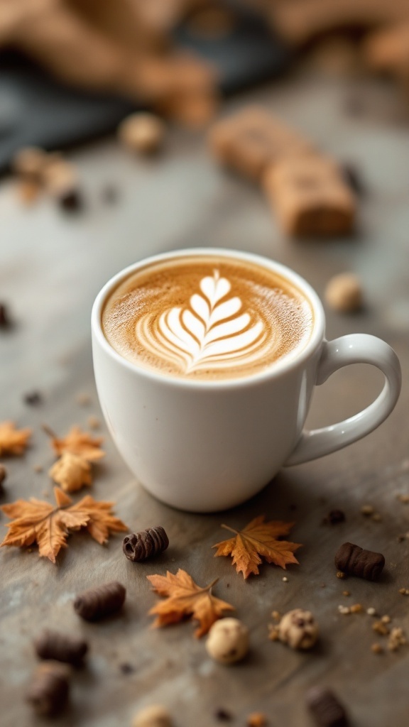 A delicious cup of Brown Sugar Maple Flat White coffee with a frothy design on top.