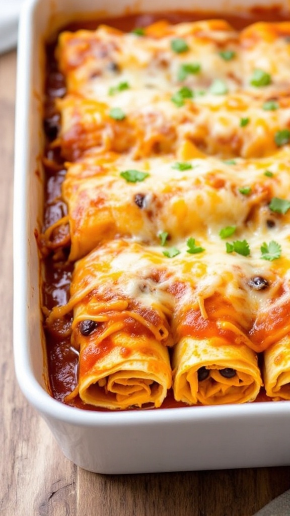 A casserole dish filled with butternut squash and black bean enchiladas topped with sauce and cheese.
