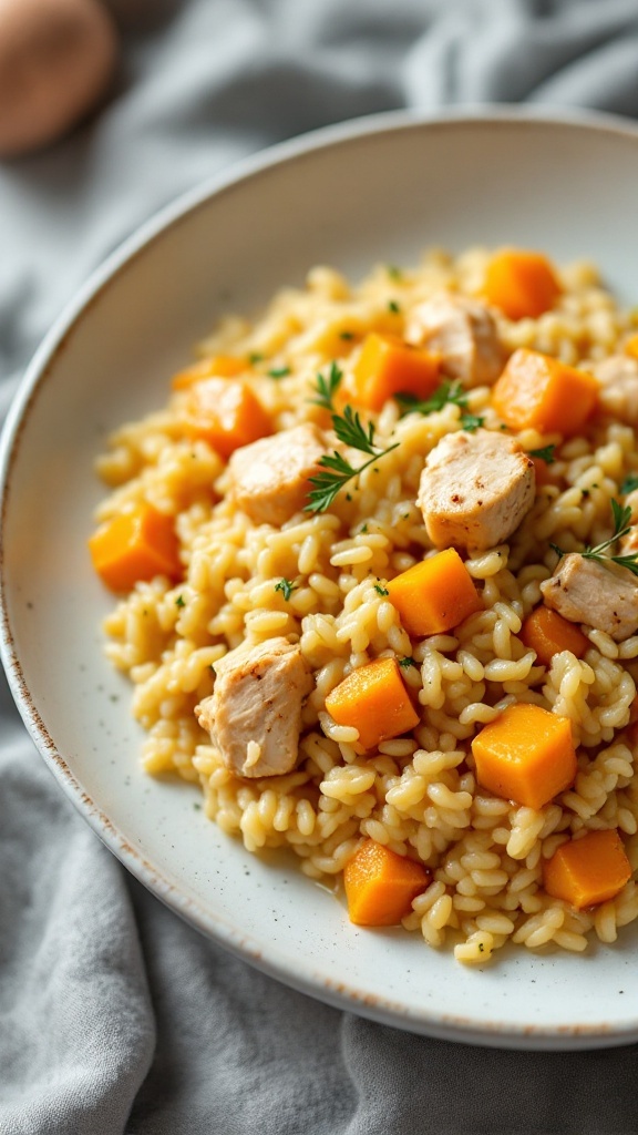 A bowl of creamy butternut squash and chicken risotto, garnished with parsley.