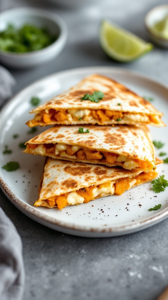 Delicious butternut squash and goat cheese quesadilla triangles served on a plate.