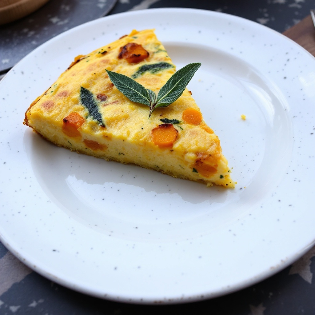 A slice of butternut squash and sage frittata on a plate.