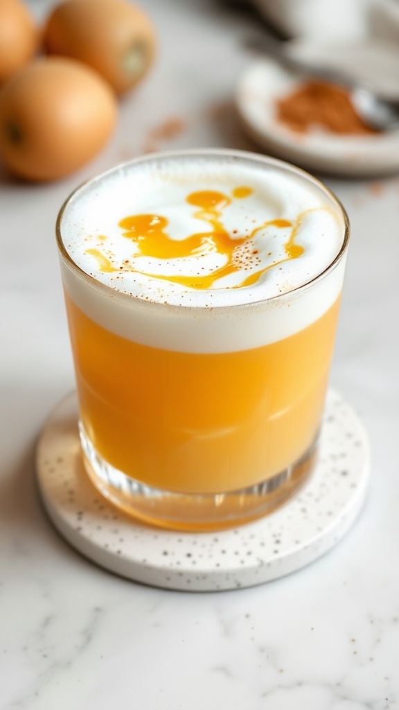 A glass of Butternut Squash Bourbon Sour cocktail, garnished with nutmeg.