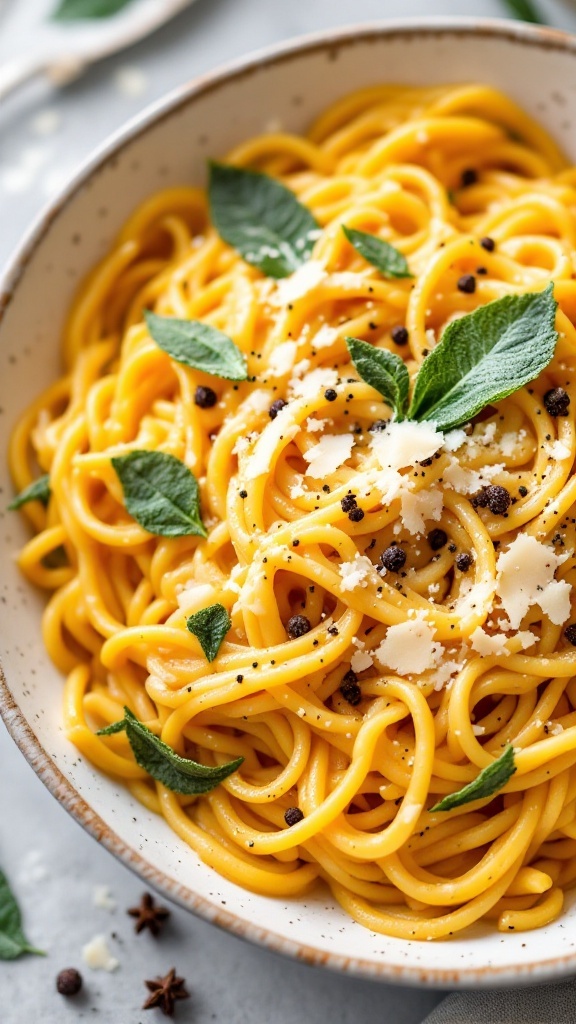 A bowl of butternut squash carbonara garnished with crispy sage leaves.