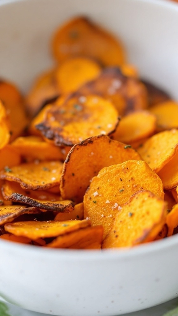 A bowl of crispy butternut squash chips seasoned with sage salt.